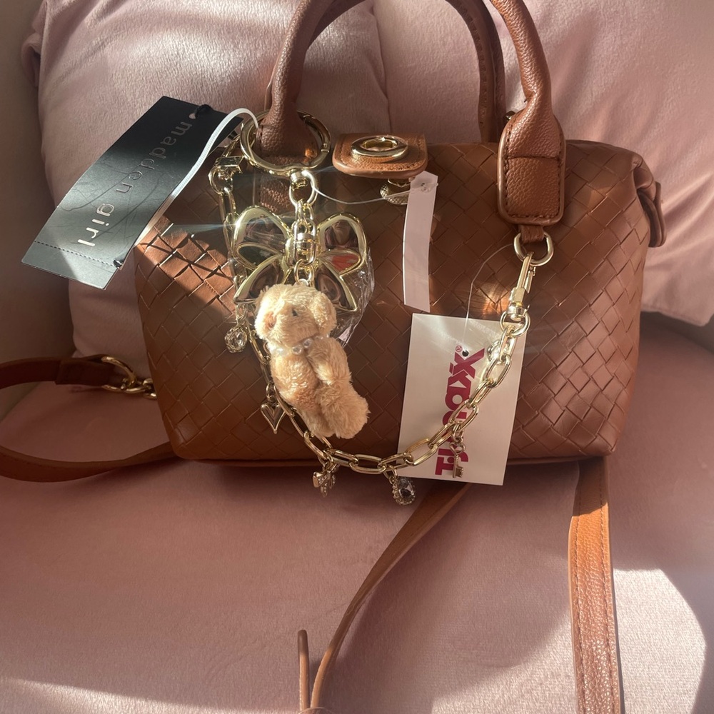 Steve Madden Brown Woven Mini Satchel with Gold Hardware